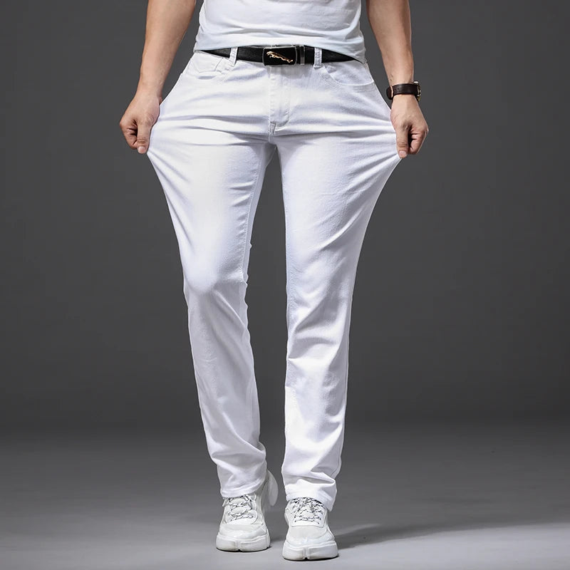 Men White Jeans Fashion Casual Classic Style Slim Fit Soft Trousers Male Brand Advanced Stretch Pants