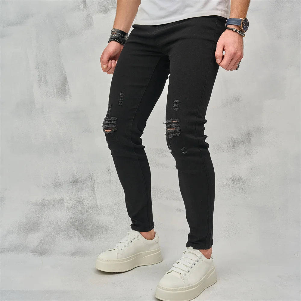 Men High Street Ripped Hip Hop Stylish Skinny Jeans Male Trousers High Quality Holes Casual Cotton Pencil Denim Pants