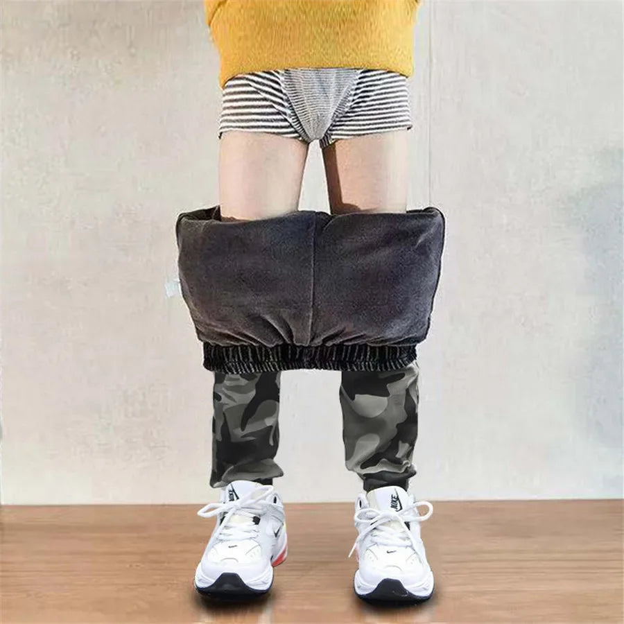 New 4-14T kids Boys Pants Autumn Winter Thick Camouflage Kids Trousers Teenage Boy Warm Clothing Elastic Waist Boy Cargo Pants