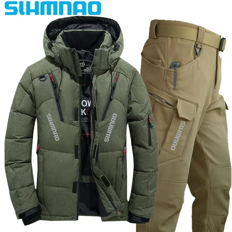 Men's Goose Down Jacket and Tactical Pants, Winter Fishing Suit, Warm, Snow Skiing, Mountain Climbing, Hunting Sportswear