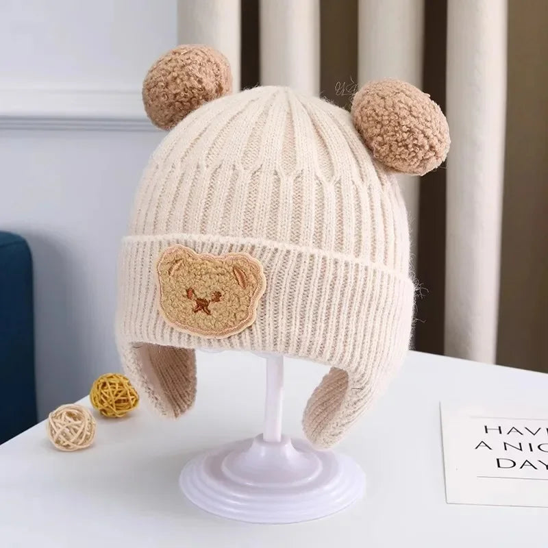 Baby wool hat cute bear ear protection hat