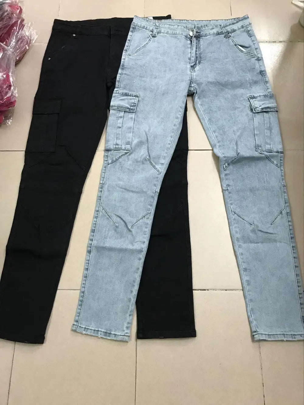 Jeans Men Pants Wash Solid Color Multi Pockets