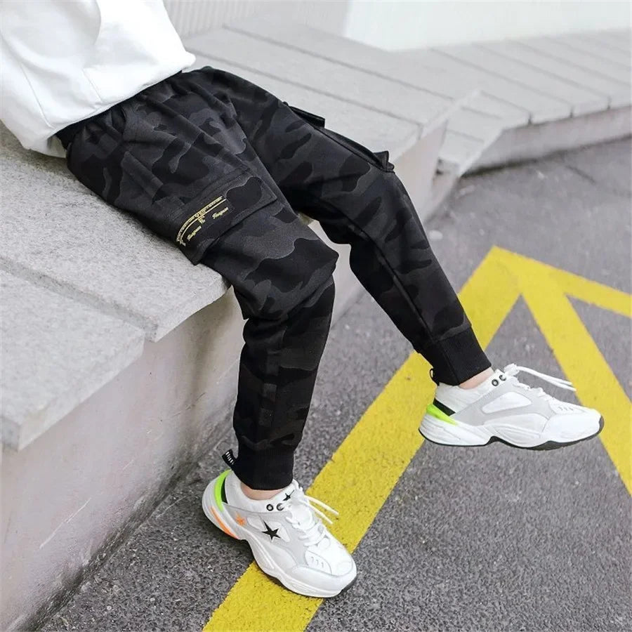 New 4-14T kids Boys Pants Autumn Winter Thick Camouflage Kids Trousers Teenage Boy Warm Clothing Elastic Waist Boy Cargo Pants