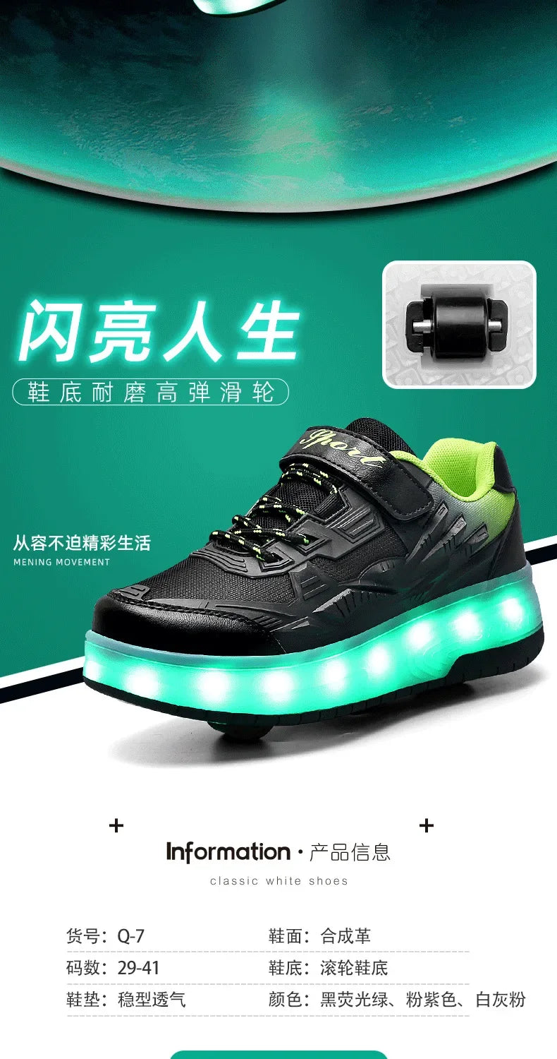 Children Two Wheels Luminous Glowing Sneakers Black Pink Led Light Roller Skate Shoes Kids Led Shoes Boys Girls USB Charging