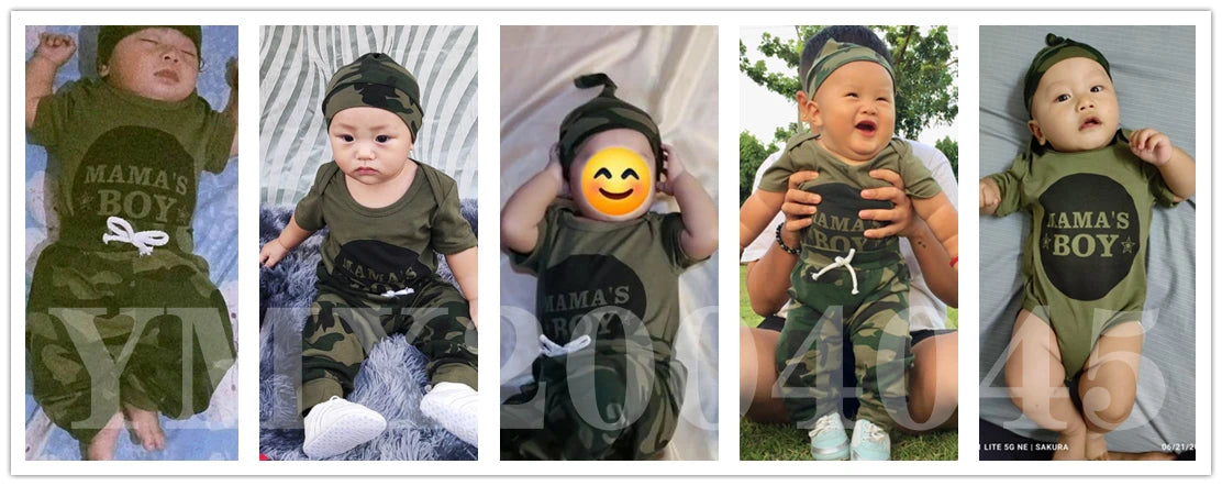 0-18 Months Newborn Baby Boy Clothes Set Letter Print Short Sleeve Bodysuit+Camouflage Pants+Hat 3PCS Toddler Boy Summer Outfits