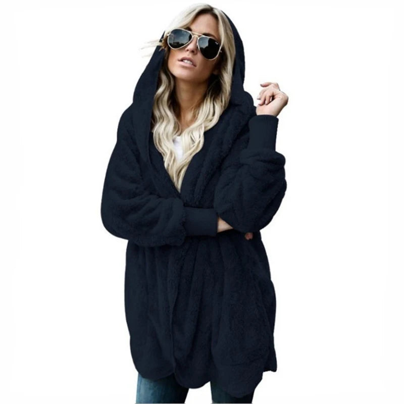 Autumn Winter Double Fleece Cardigan Jacket Women Solid