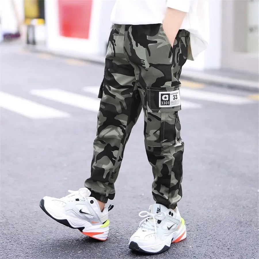 New 4-14T kids Boys Pants Autumn Winter Thick Camouflage Kids Trousers Teenage Boy Warm Clothing Elastic Waist Boy Cargo Pants