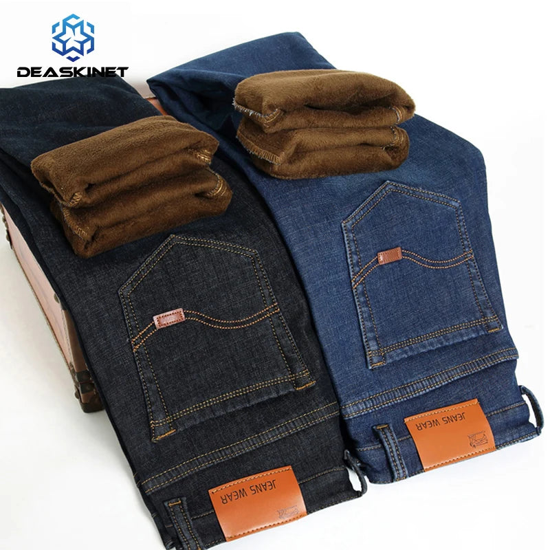 Men 2024 Winter Fleece Warm Retro Business Pants Jeans