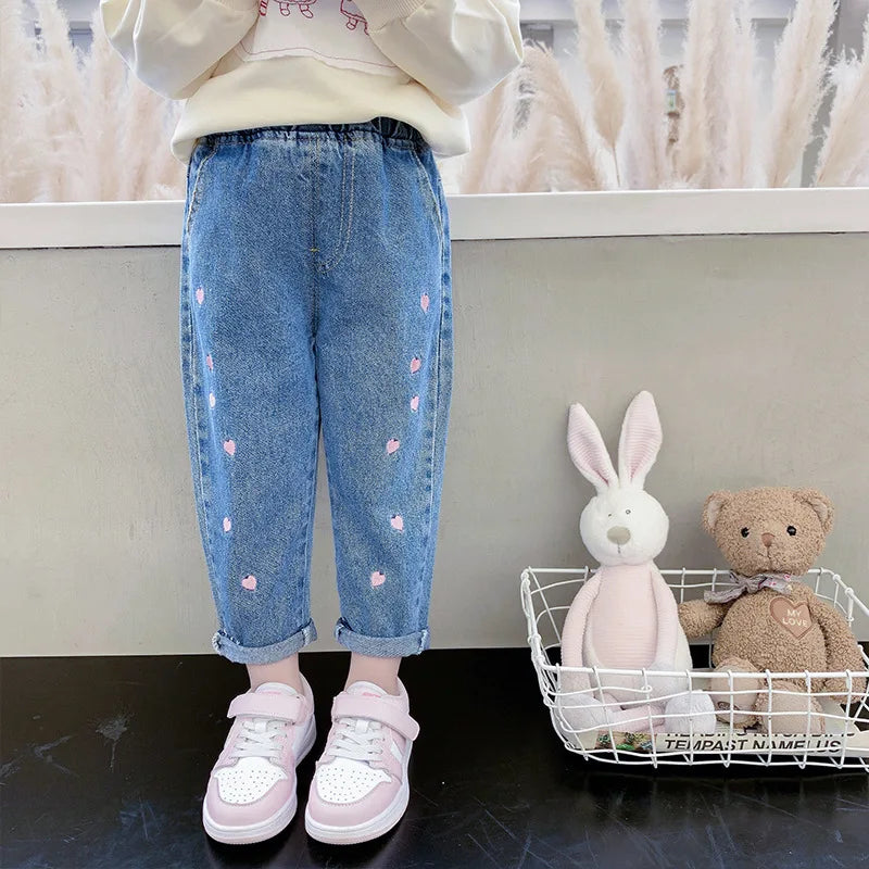 Spring Autumn Baby Denim Pants For Girls Heart Embroidery Elastic Waist Kid Girls Trousers Stretch Exterior Children Girls Pants