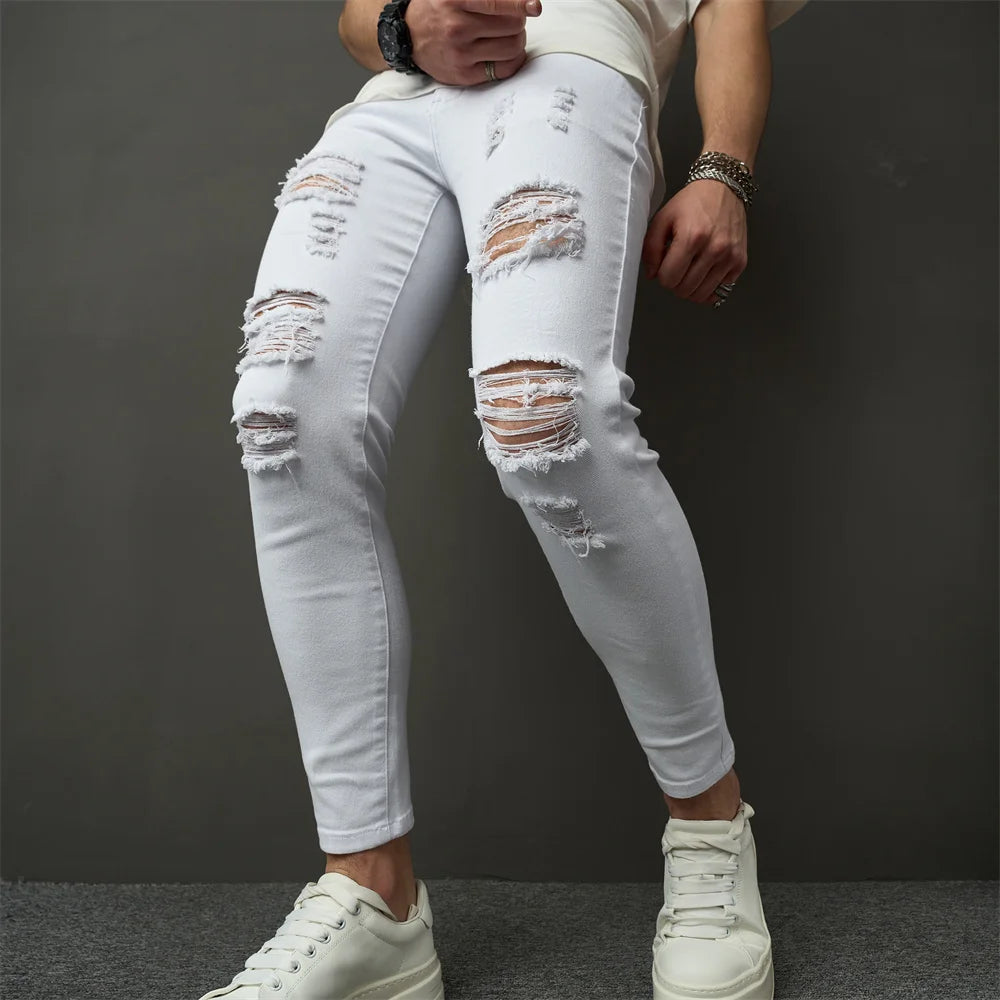 Streetwear Men Simple Style Stretch Skinny Jeans Pants Male Holes Solid Distressed Slim Pencil Denim Trousers