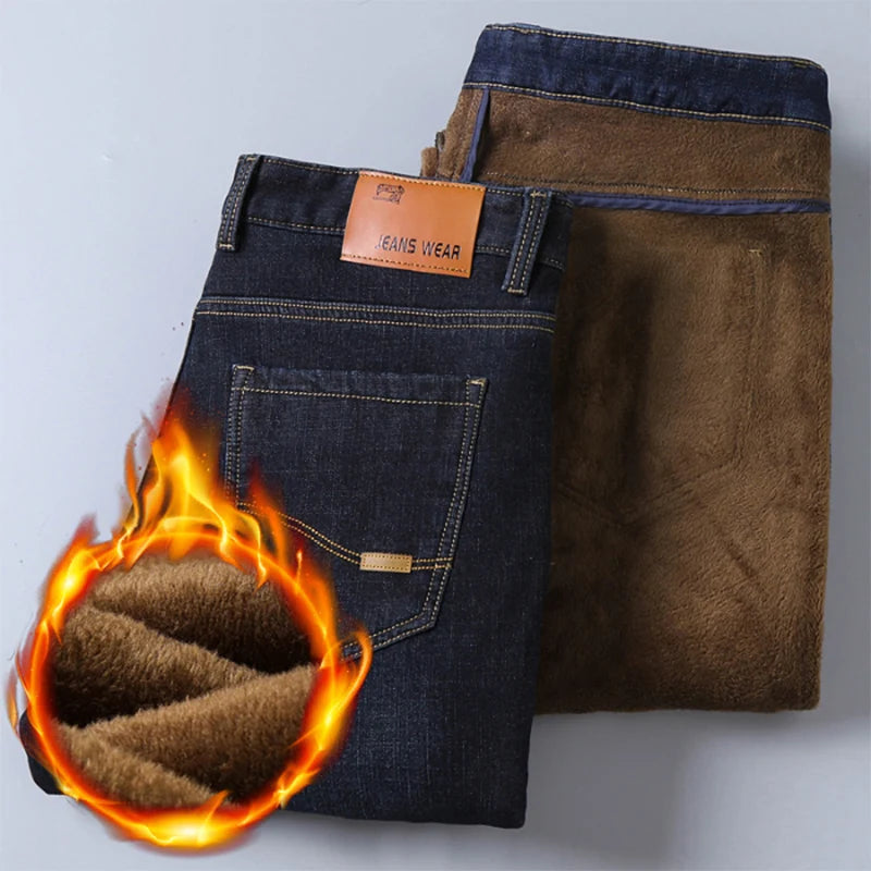 Men 2024 Winter Fleece Warm Retro Business Pants Jeans