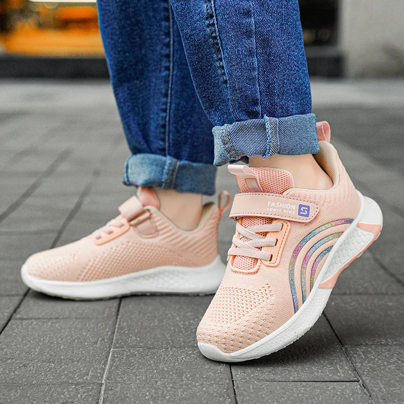 Breathable Girls Sports Shoes Pink Children Casual Running Shoes Light Mesh Student Tenis Summer Kids Flat Footwear Anti-skid