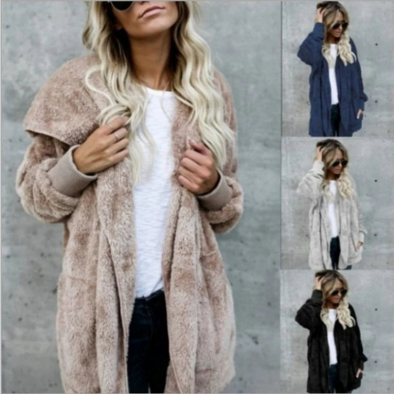 Autumn Winter Double Fleece Cardigan Jacket Women Solid