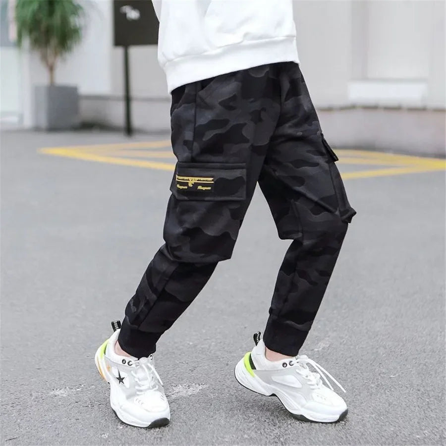 New 4-14T kids Boys Pants Autumn Winter Thick Camouflage Kids Trousers Teenage Boy Warm Clothing Elastic Waist Boy Cargo Pants