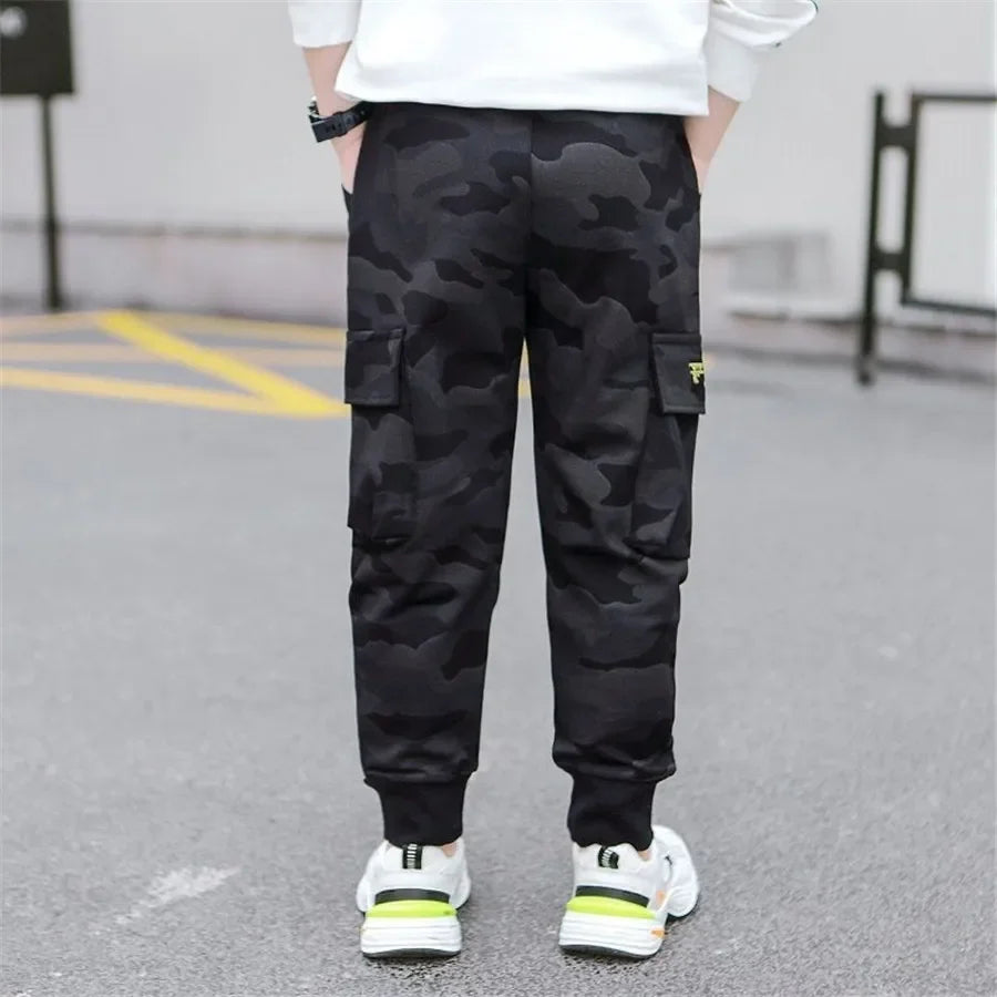 New 4-14T kids Boys Pants Autumn Winter Thick Camouflage Kids Trousers Teenage Boy Warm Clothing Elastic Waist Boy Cargo Pants