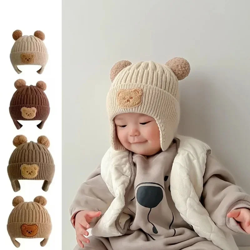 Baby wool hat cute bear ear protection hat