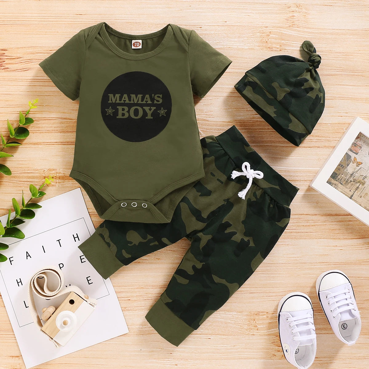 0-18 Months Newborn Baby Boy Clothes Set Letter Print Short Sleeve Bodysuit+Camouflage Pants+Hat 3PCS Toddler Boy Summer Outfits