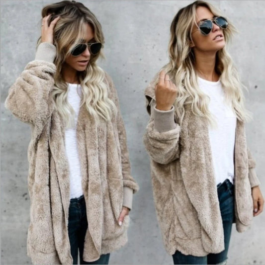 Autumn Winter Double Fleece Cardigan Jacket Women Solid