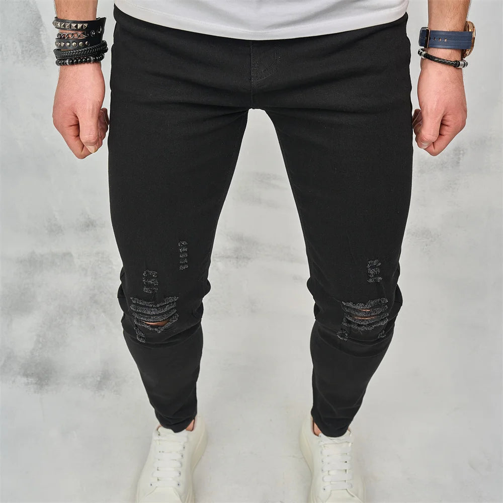 Men High Street Ripped Hip Hop Stylish Skinny Jeans Male Trousers High Quality Holes Casual Cotton Pencil Denim Pants