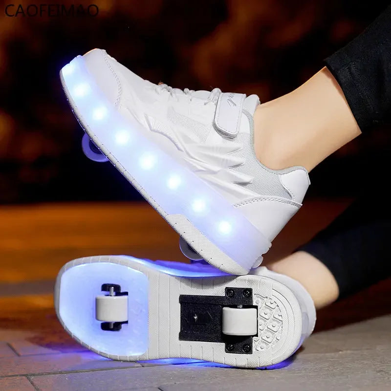 Children Two Wheels Luminous Glowing Sneakers Black Pink Led Light Roller Skate Shoes Kids Led Shoes Boys Girls USB Charging