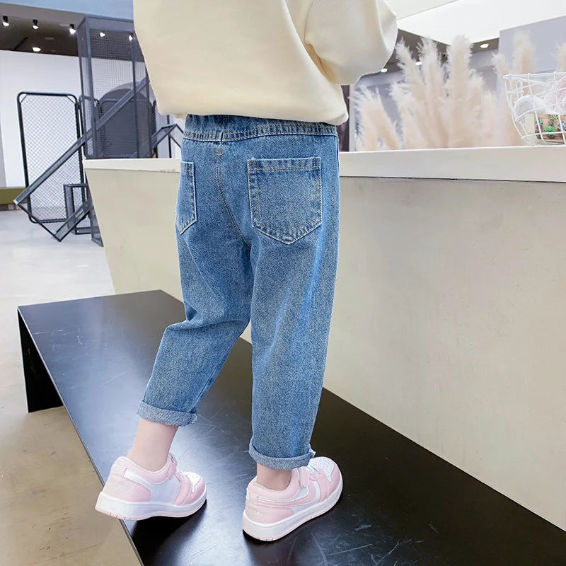 Spring Autumn Baby Denim Pants For Girls Heart Embroidery Elastic Waist Kid Girls Trousers Stretch Exterior Children Girls Pants