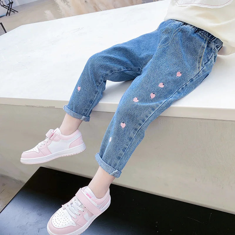 Spring Autumn Baby Denim Pants For Girls Heart Embroidery Elastic Waist Kid Girls Trousers Stretch Exterior Children Girls Pants