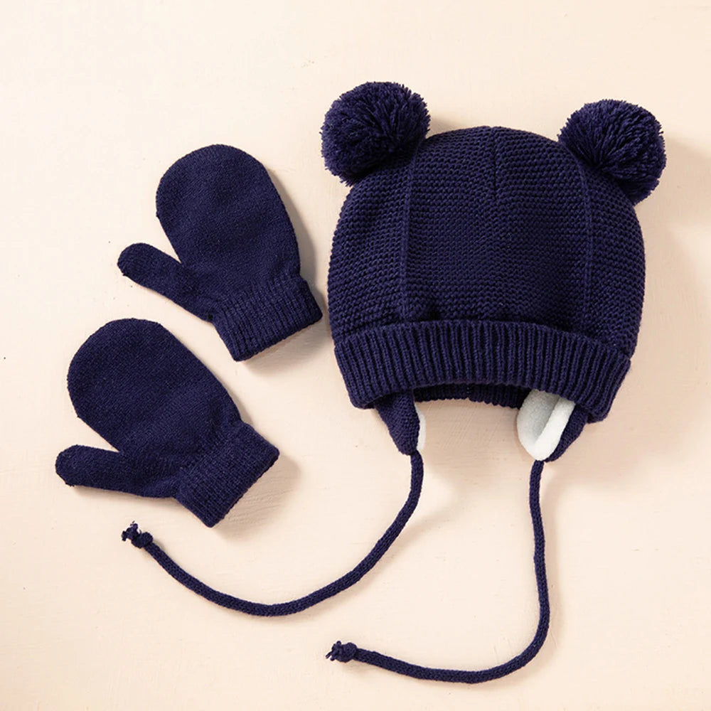 Baby Knit Hat Winter Warm Fleece Wool Hats Gloves Two-piece Set Ball Ear Protection Bonnet For Kids 1-4 Year Caps For Children