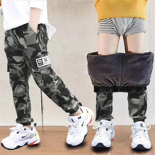 New 4-14T kids Boys Pants Autumn Winter Thick Camouflage Kids Trousers Teenage Boy Warm Clothing Elastic Waist Boy Cargo Pants