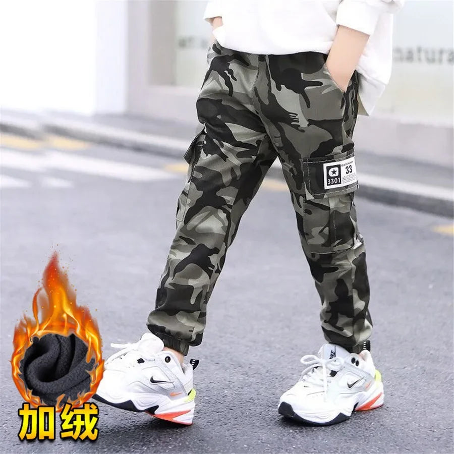 New 4-14T kids Boys Pants Autumn Winter Thick Camouflage Kids Trousers Teenage Boy Warm Clothing Elastic Waist Boy Cargo Pants