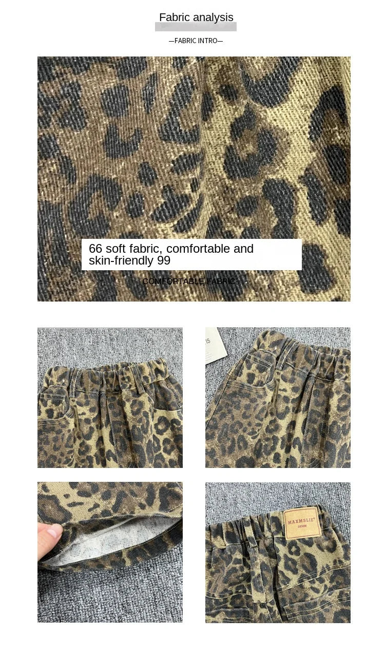 Hip Hop Casual Loose Children's Pants Children's Four Seasons Pure Cotton Leopard Pattern Jeans Trendy Casual Pants