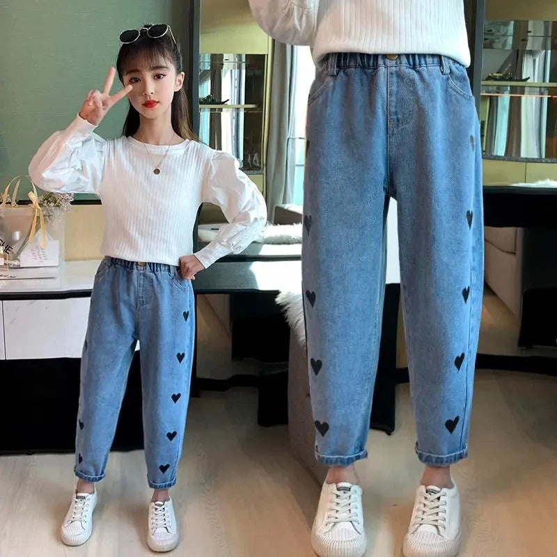 Girls' pants spring and autumn outerwear 2024 new middle-aged and young children's casual jeans spring children's jeans