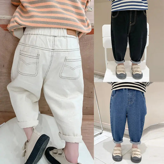 Baby Boy Girl Loose Jeans New Fashion Korean Style Casual Solid Color Jeans Spring Autumn Children's Denim Pants For 1-7 Years