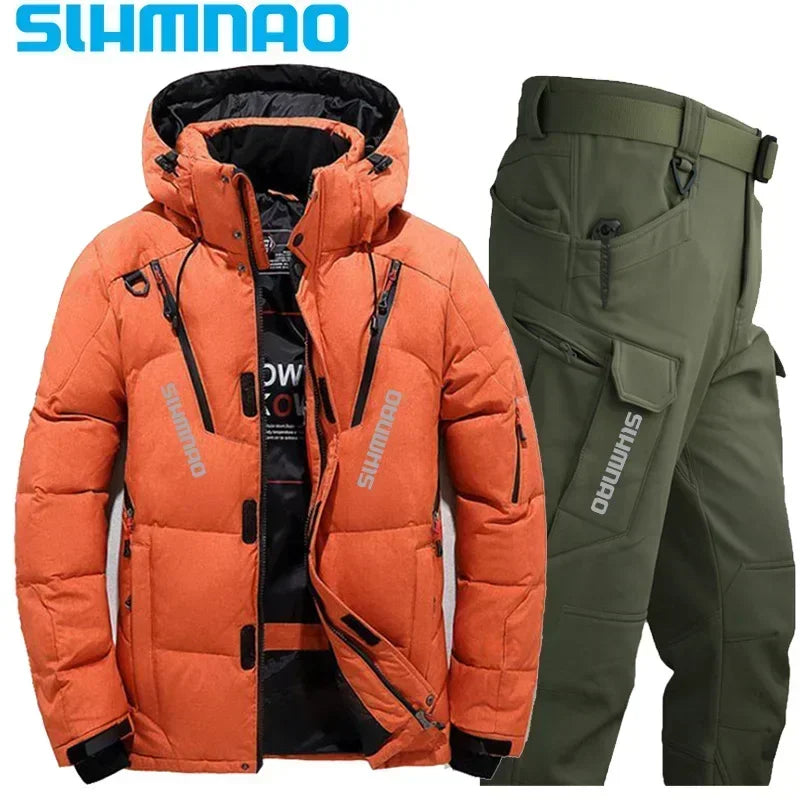 Men's Goose Down Jacket and Tactical Pants, Winter Fishing Suit, Warm, Snow Skiing, Mountain Climbing, Hunting Sportswear