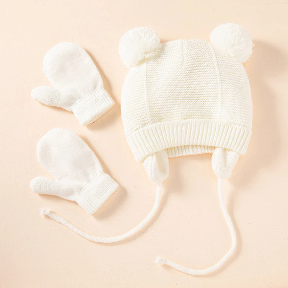 Baby Knit Hat Winter Warm Fleece Wool Hats Gloves Two-piece Set Ball Ear Protection Bonnet For Kids 1-4 Year Caps For Children