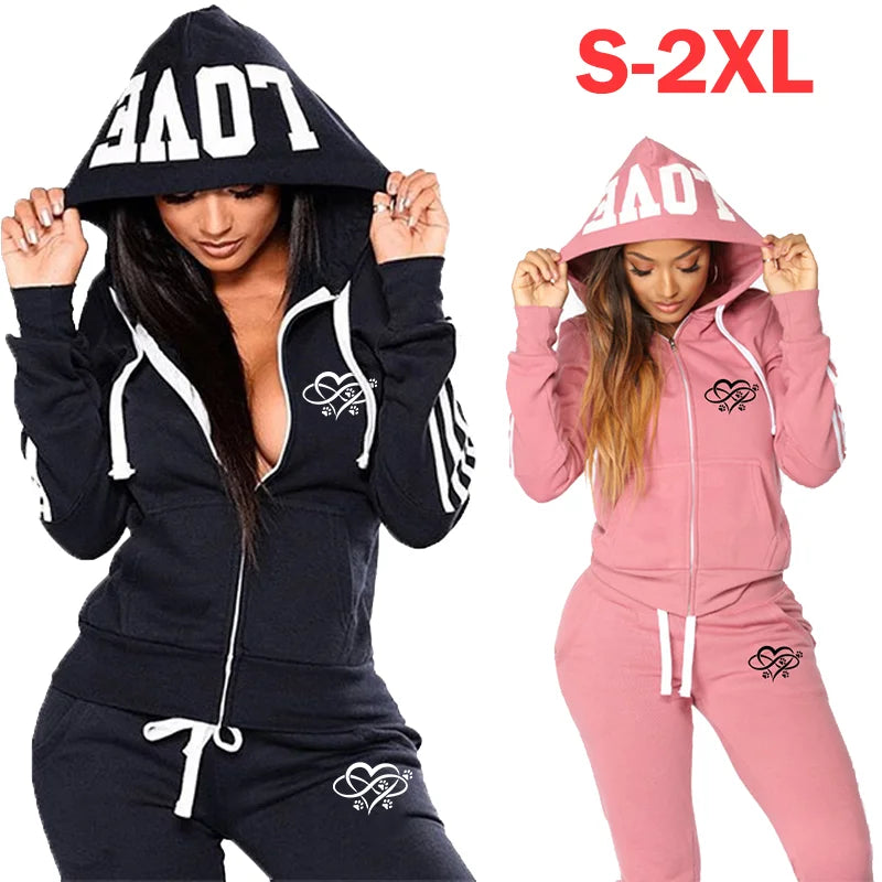 Fashion Heart Print Women Track Suits Sports Wear Jogging Suits Hooded Tracksuit Set Clothes Hoodies+Sweatpants Sweat Suits