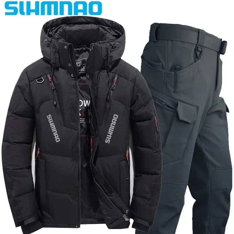 Men's Goose Down Jacket and Tactical Pants, Winter Fishing Suit, Warm, Snow Skiing, Mountain Climbing, Hunting Sportswear