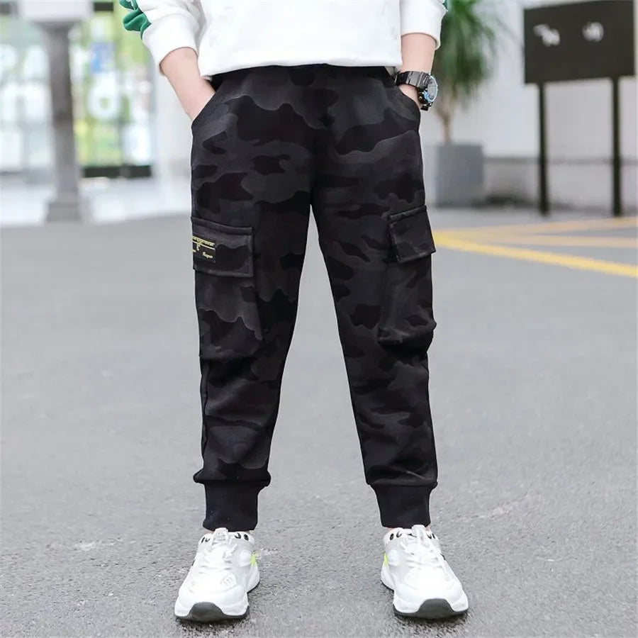 New 4-14T kids Boys Pants Autumn Winter Thick Camouflage Kids Trousers Teenage Boy Warm Clothing Elastic Waist Boy Cargo Pants