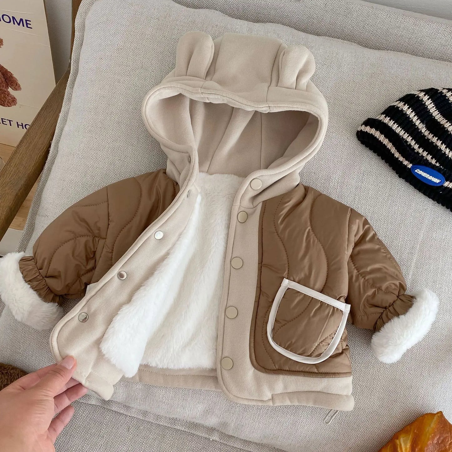 2024 Winter New in Kids Baby Boys Thicken Velvet Warm Patchwork Hooded Top Jacket, Toddler Children Fashion Outwear 3M-5Y