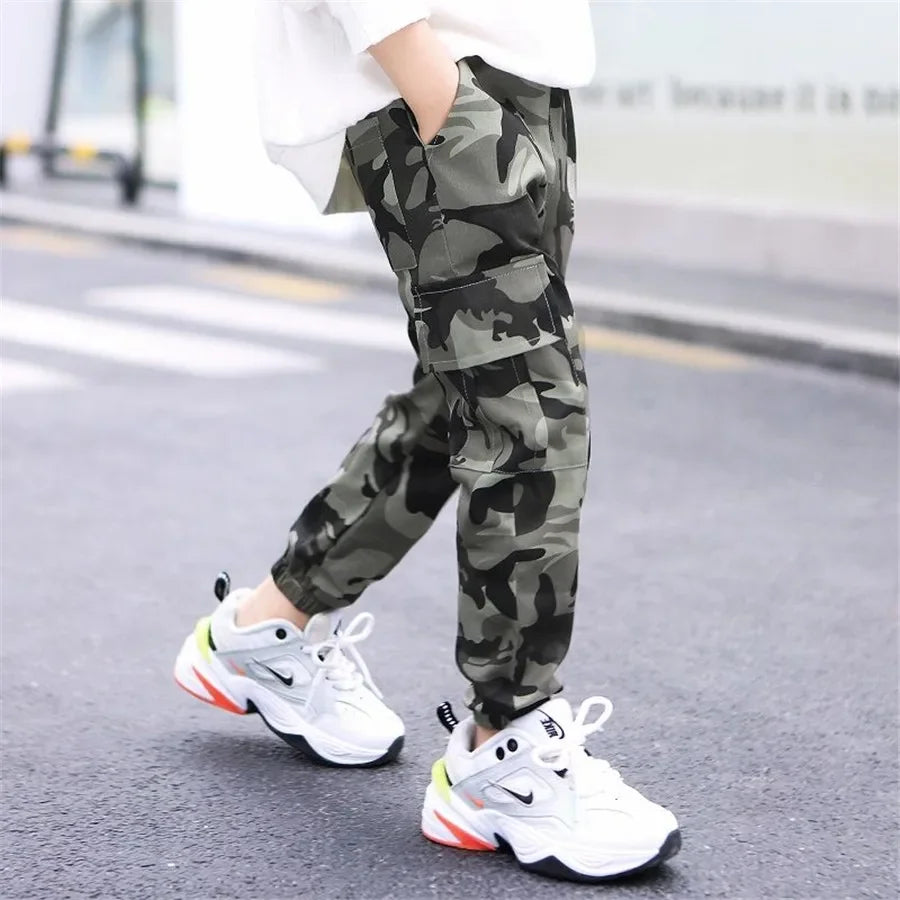 New 4-14T kids Boys Pants Autumn Winter Thick Camouflage Kids Trousers Teenage Boy Warm Clothing Elastic Waist Boy Cargo Pants