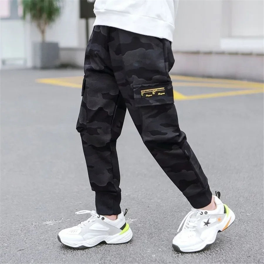 New 4-14T kids Boys Pants Autumn Winter Thick Camouflage Kids Trousers Teenage Boy Warm Clothing Elastic Waist Boy Cargo Pants