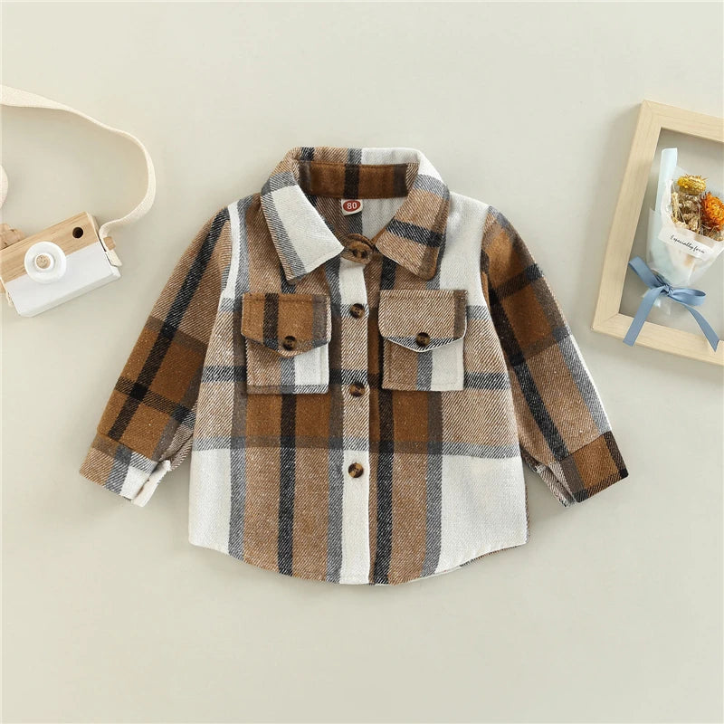 Kids Baby Girl Boy Plaid Shirt Jacket Casual Lapel Long Sleeve Button Up Cardigan Jacket Coat Autumn Children Clothing