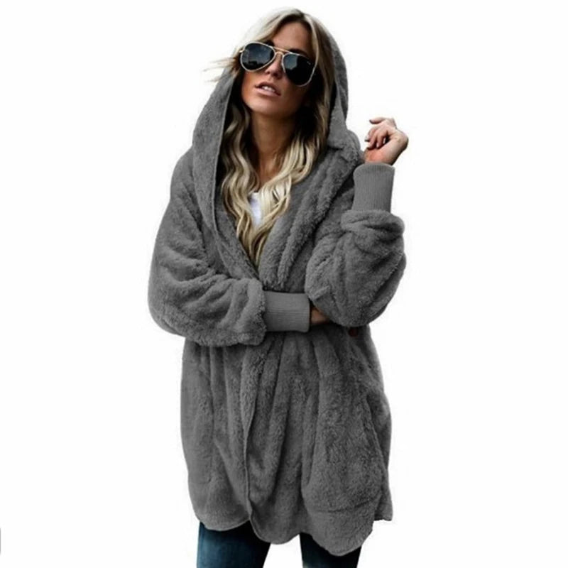 Autumn Winter Double Fleece Cardigan Jacket Women Solid