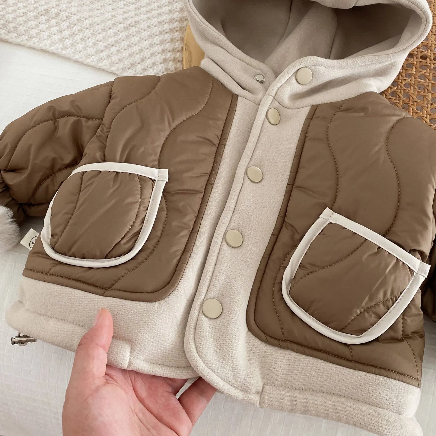 2024 Winter New in Kids Baby Boys Thicken Velvet Warm Patchwork Hooded Top Jacket, Toddler Children Fashion Outwear 3M-5Y