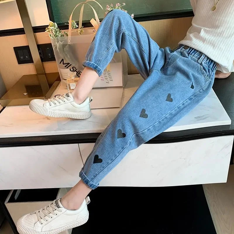 Girls' pants spring and autumn outerwear 2024 new middle-aged and young children's casual jeans spring children's jeans