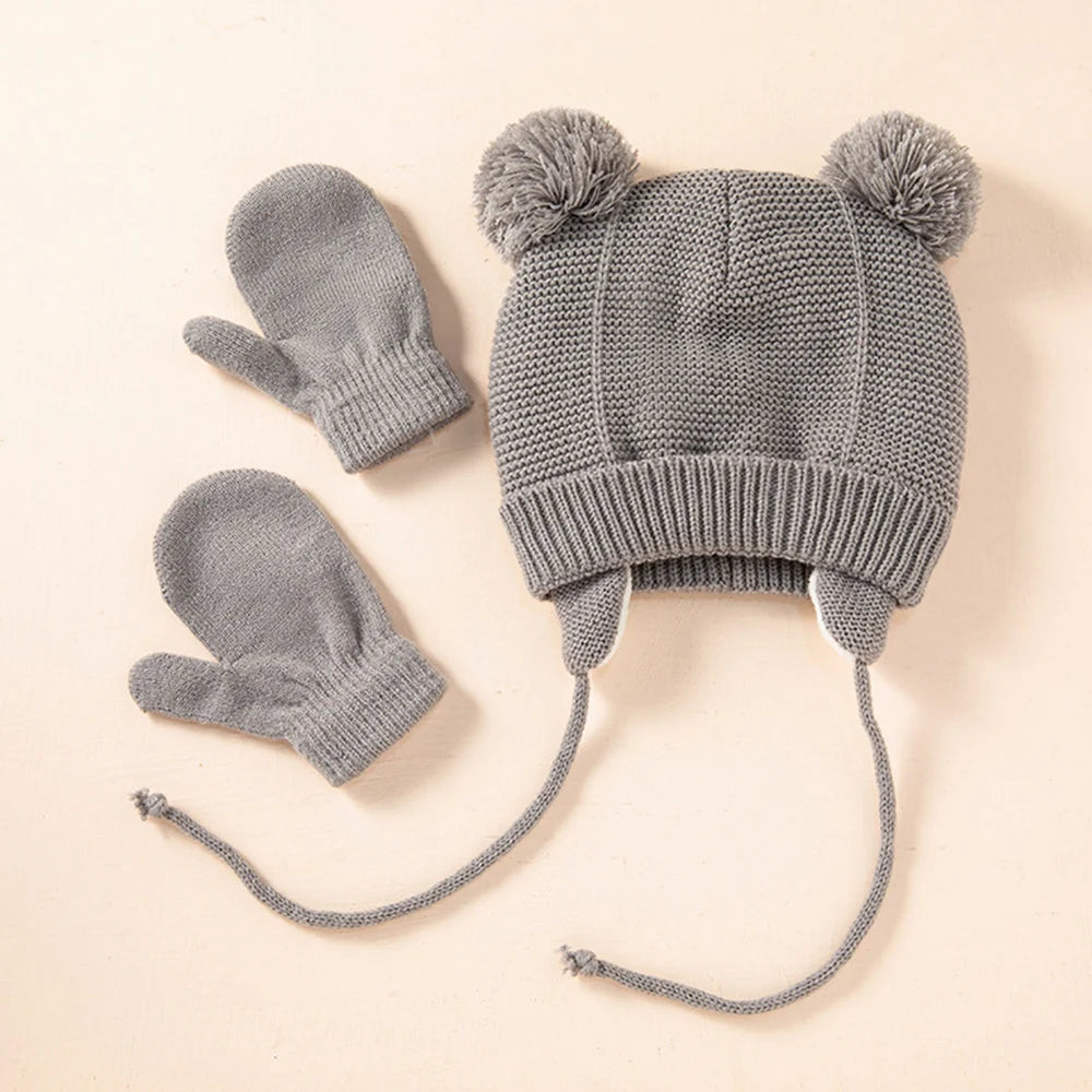 Baby Knit Hat Winter Warm Fleece Wool Hats Gloves Two-piece Set Ball Ear Protection Bonnet For Kids 1-4 Year Caps For Children