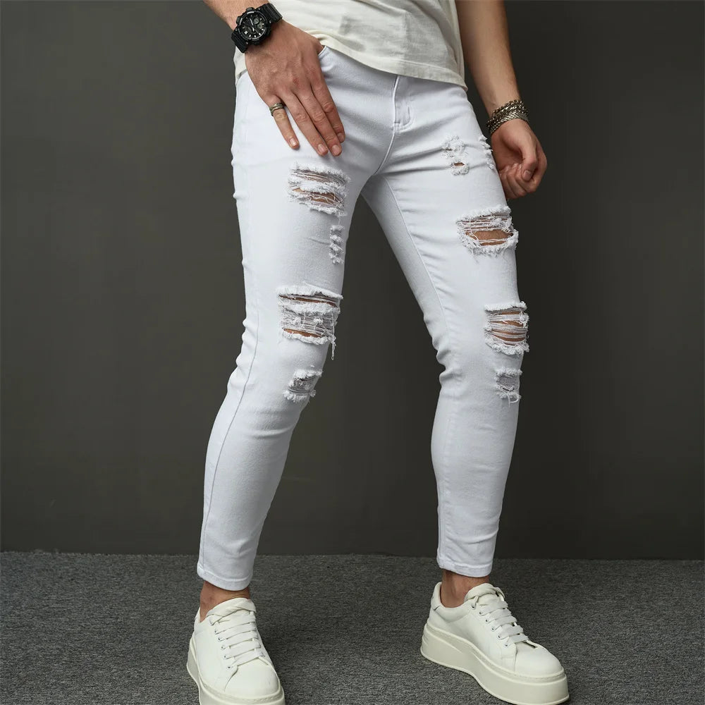 Streetwear Men Simple Style Stretch Skinny Jeans Pants Male Holes Solid Distressed Slim Pencil Denim Trousers