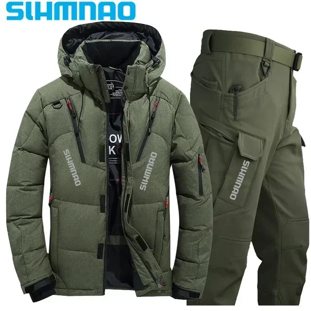 Men's Goose Down Jacket and Tactical Pants, Winter Fishing Suit, Warm, Snow Skiing, Mountain Climbing, Hunting Sportswear