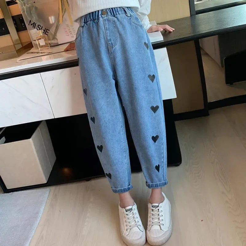 Girls' pants spring and autumn outerwear 2024 new middle-aged and young children's casual jeans spring children's jeans