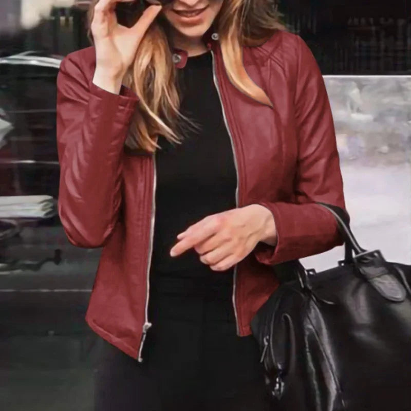 Slim Fit Faux Leather Jacket Women Classic Moto Biker PU