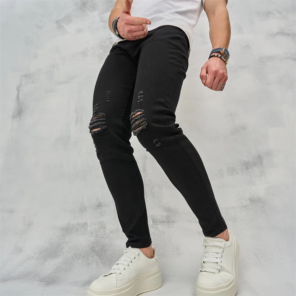 Men High Street Ripped Hip Hop Stylish Skinny Jeans Male Trousers High Quality Holes Casual Cotton Pencil Denim Pants